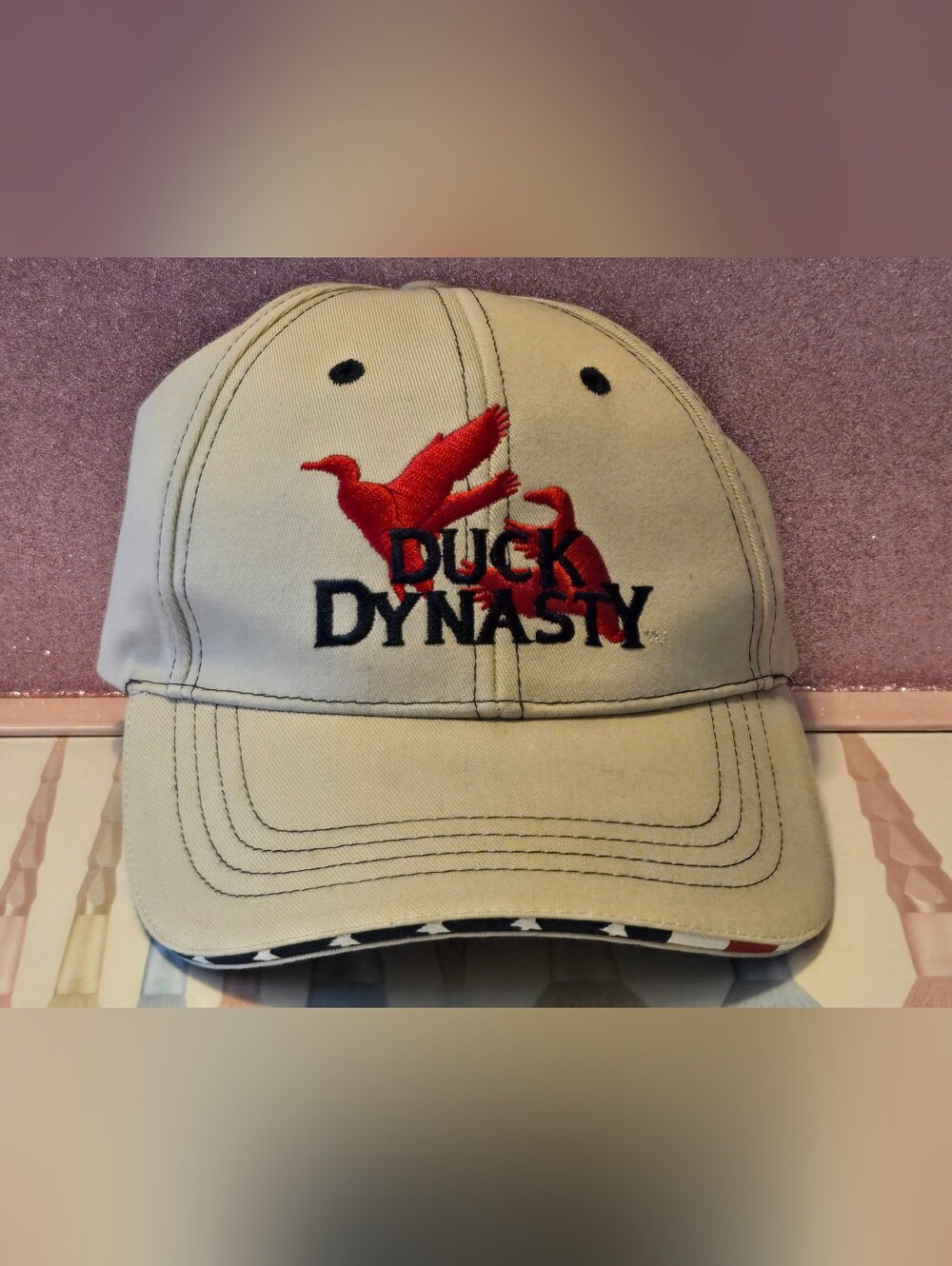 A&E Duck Dynasty Hat Beige Flying Ducks Embroidered Patriotic Brim Adjustable